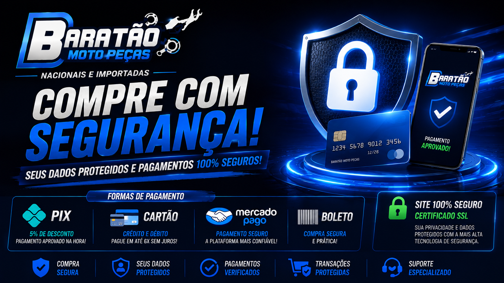 Compre com segurança — Pix, cartão, Mercado Pago e boleto