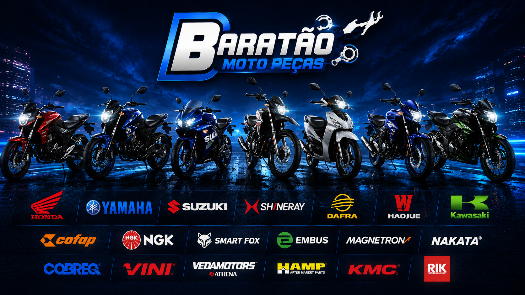 Peças para Honda, Yamaha, Suzuki, Shineray, Dafra, Haojue e Kawasaki